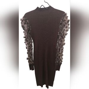 Almost Famous Brown Dress with Sheer Floral Sleeves